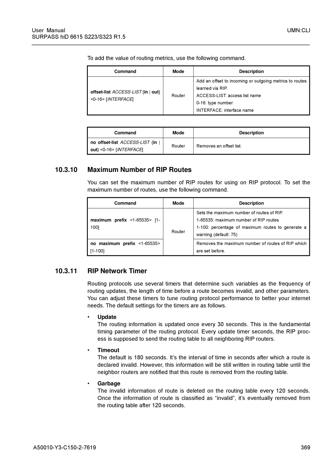 Siemens S223, S323 user manual Maximum Number of RIP Routes, RIP Network Timer, Update, Timeout, Garbage 