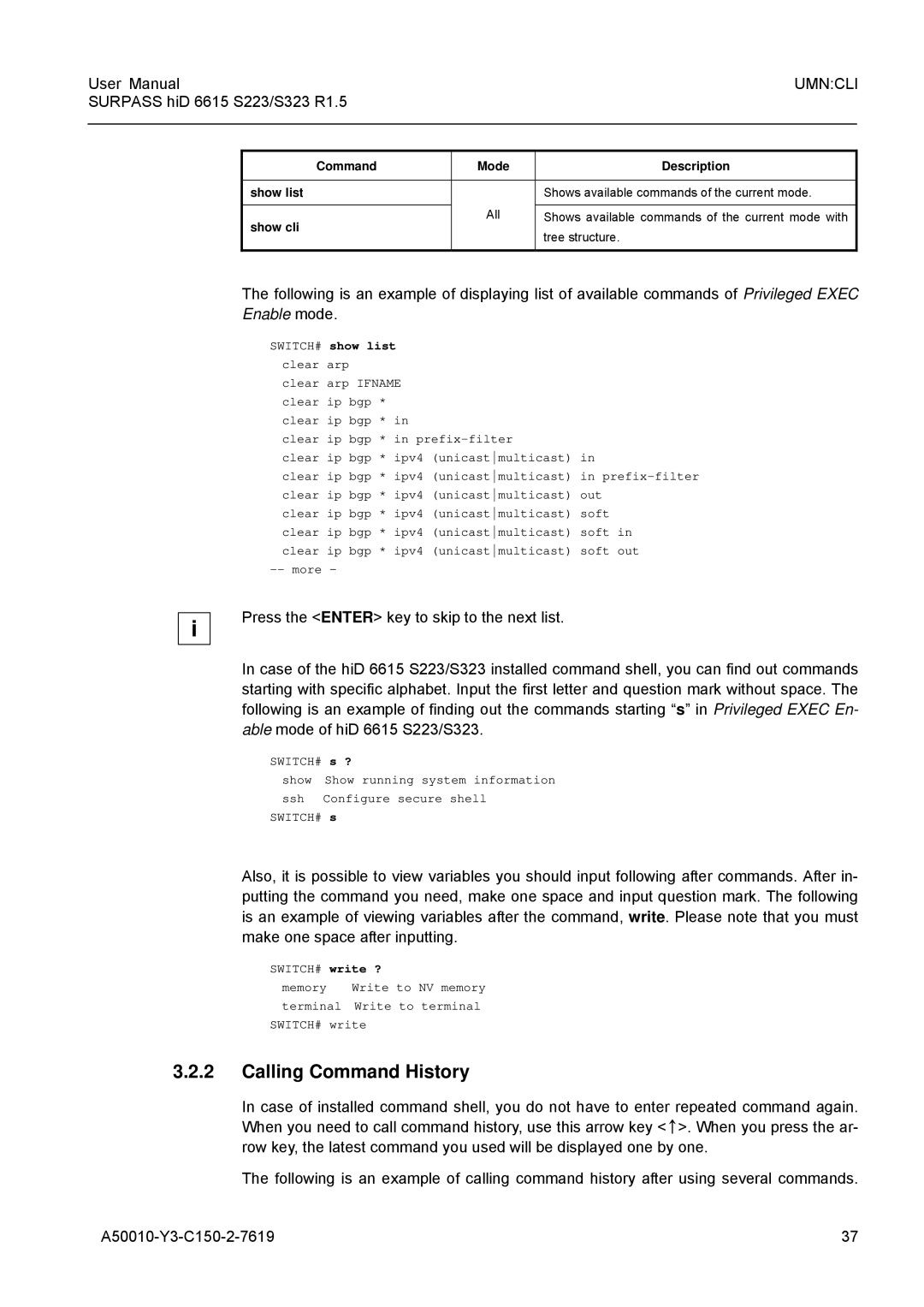 Siemens user manual Calling Command History, Surpass hiD 6615 S223/S323 R1.5 