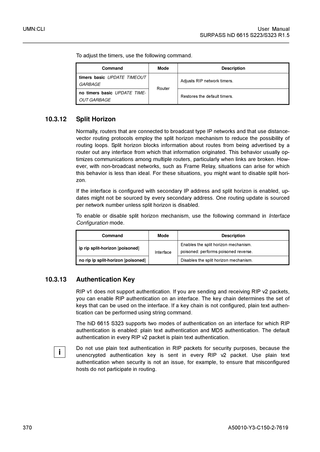 Siemens S323, S223 user manual Split Horizon, Authentication Key, To adjust the timers, use the following command 