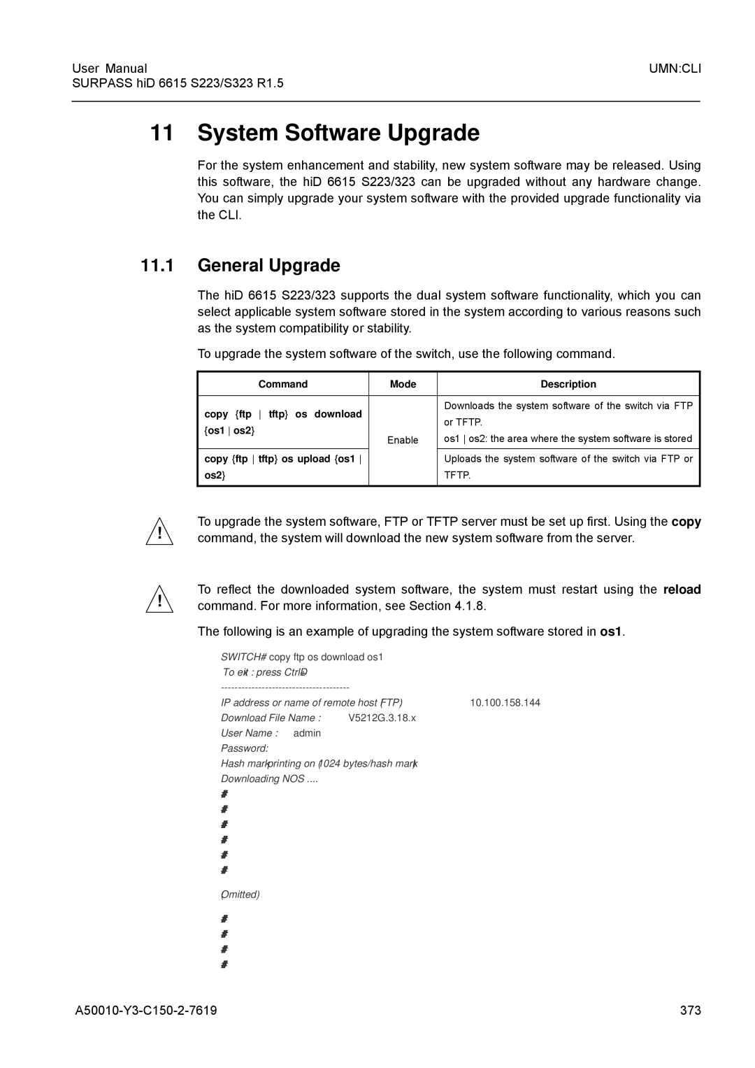 Siemens S223, S323 General Upgrade, A50010-Y3-C150-2-7619 373, Command Mode Description Copy ftp tftp os Download 