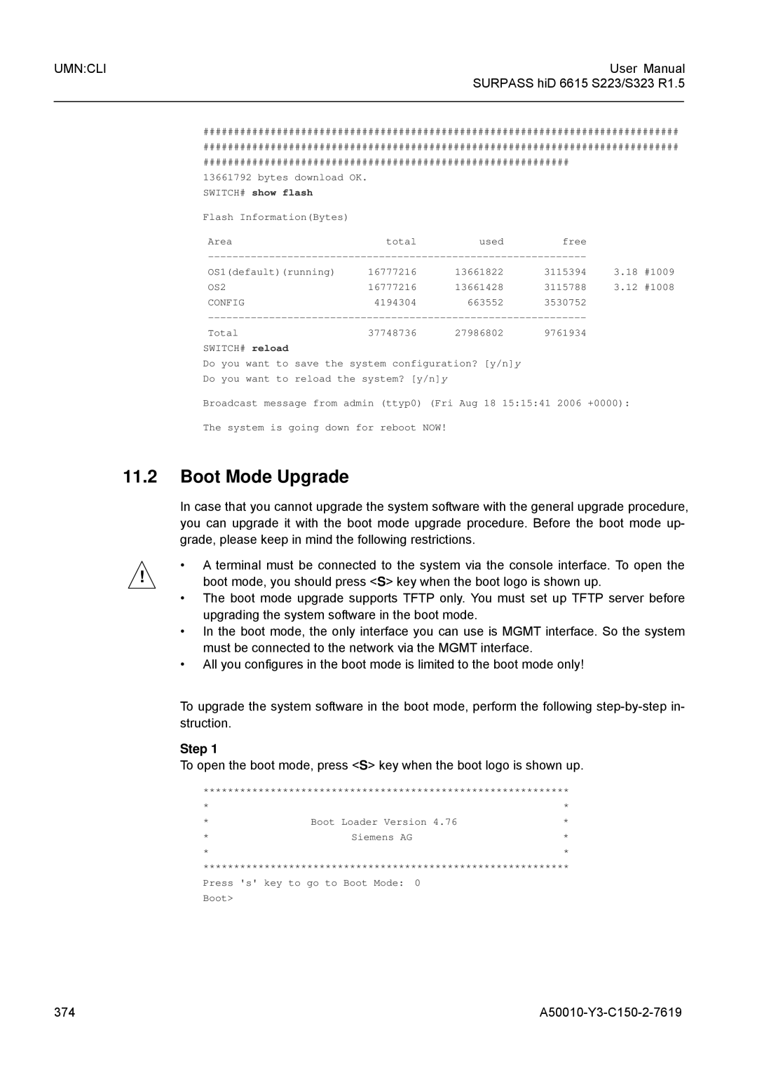 Siemens S323, S223 user manual Boot Mode Upgrade, 374 A50010-Y3-C150-2-7619 