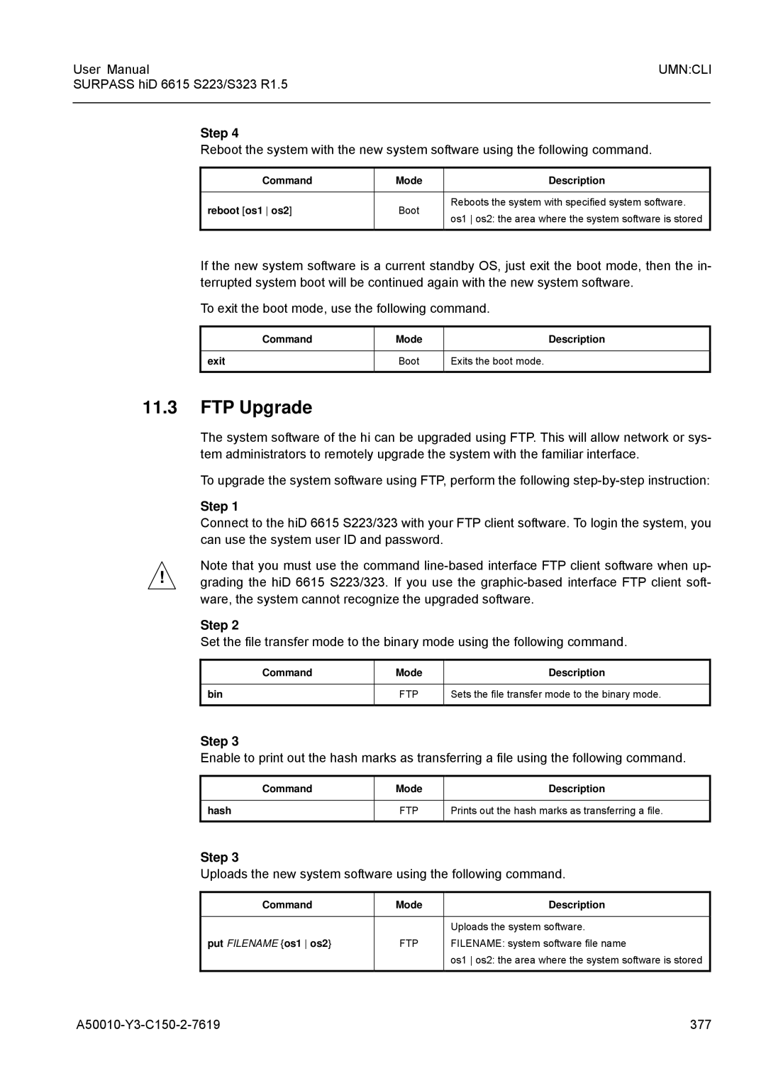 Siemens S223, S323 FTP Upgrade, Uploads the new system software using the following command, A50010-Y3-C150-2-7619 377 