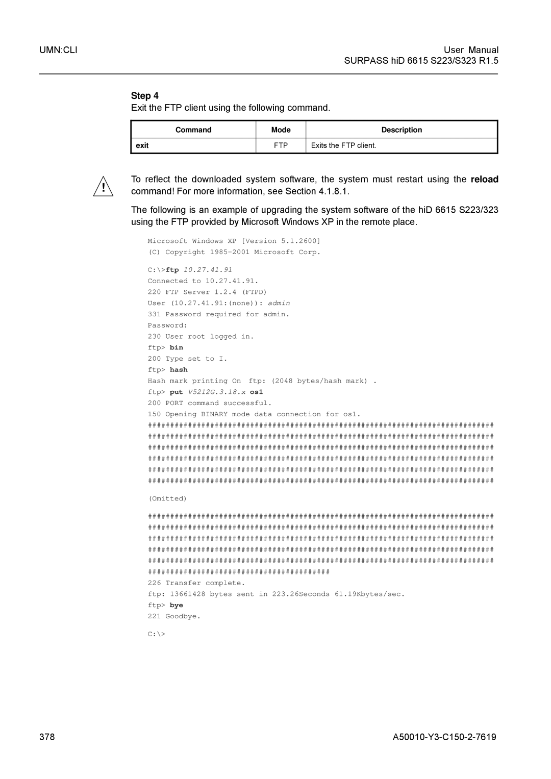 Siemens S323, S223 user manual Exit the FTP client using the following command, Command! For more information, see Section 