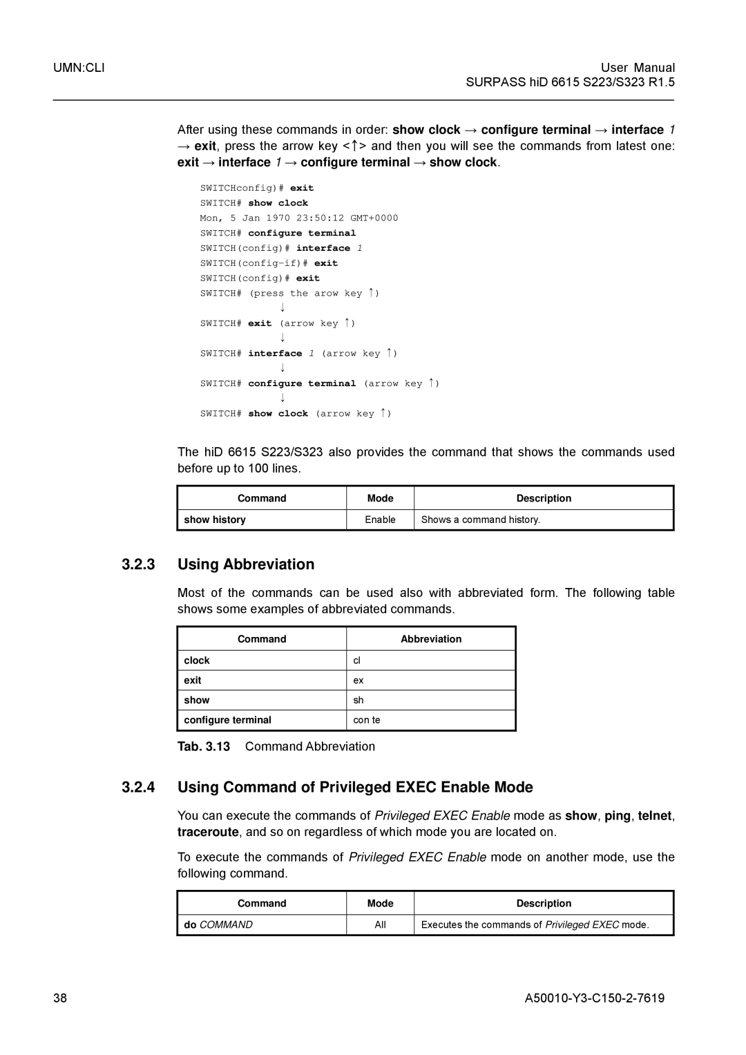 Siemens S323, S223 Using Abbreviation, Using Command of Privileged Exec Enable Mode, Tab .13 Command Abbreviation 