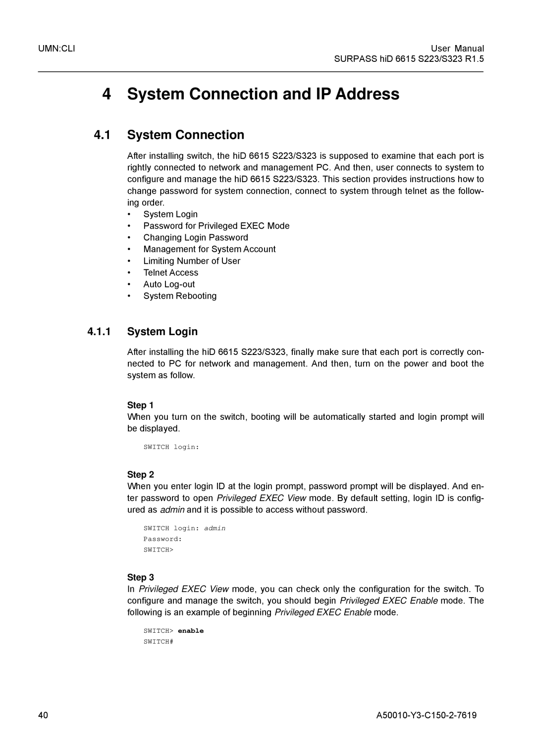 Siemens S323, S223 user manual System Connection, System Login, Step 