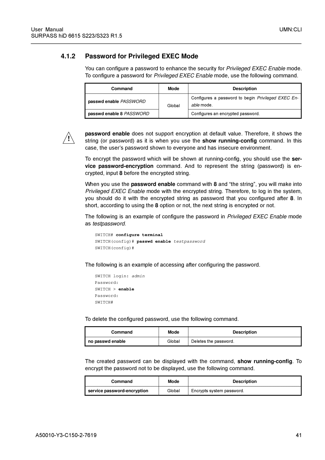 Siemens S223 Password for Privileged Exec Mode, Command Mode Description Passwd enable Password, Passwd enable 8 Password 