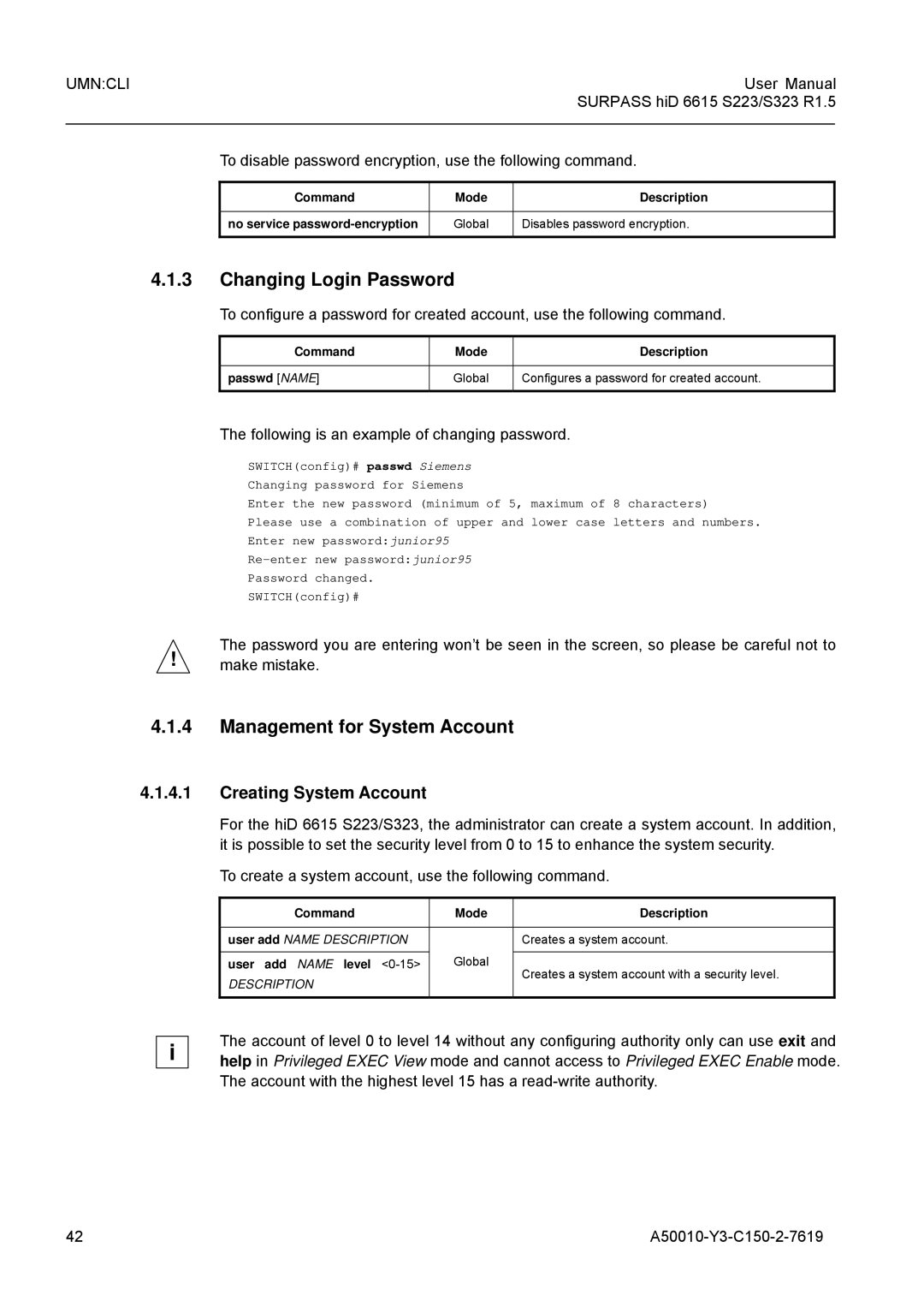 Siemens S323, S223 user manual Changing Login Password, Management for System Account, Creating System Account 