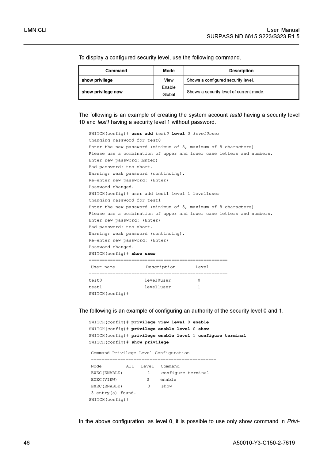 Siemens S323, S223 user manual Command Mode Description Show privilege, Shows a configured security level 