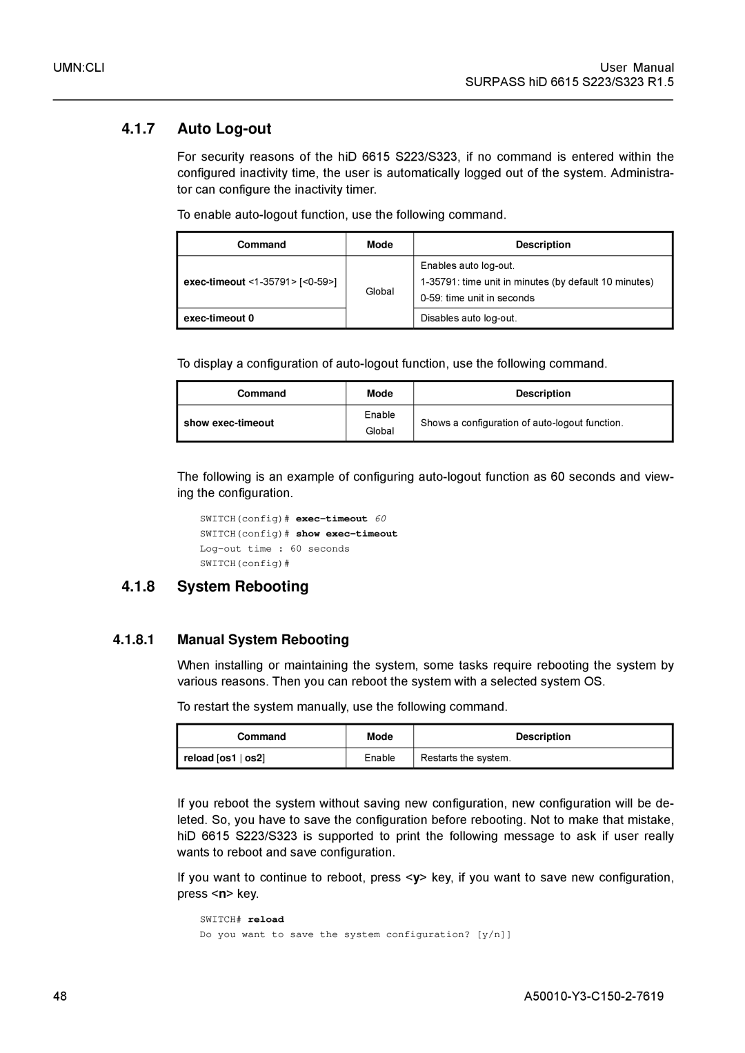 Siemens S323, S223 user manual Auto Log-out, Manual System Rebooting, SWITCHconfig# show exec-timeout 