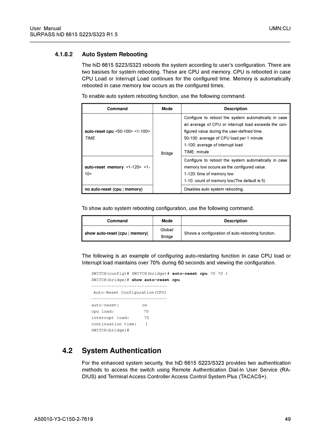 Siemens S223, S323 System Authentication, Auto System Rebooting, Auto-reset memory 1-120, No auto-reset cpu memory 