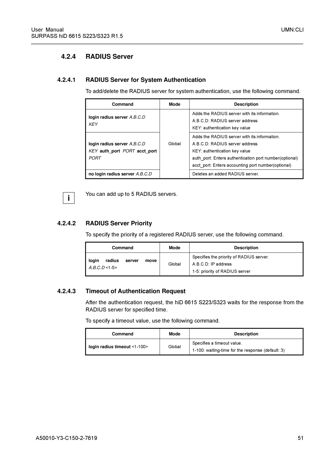 Siemens S223, S323 Radius Server for System Authentication, Radius Server Priority, Timeout of Authentication Request 