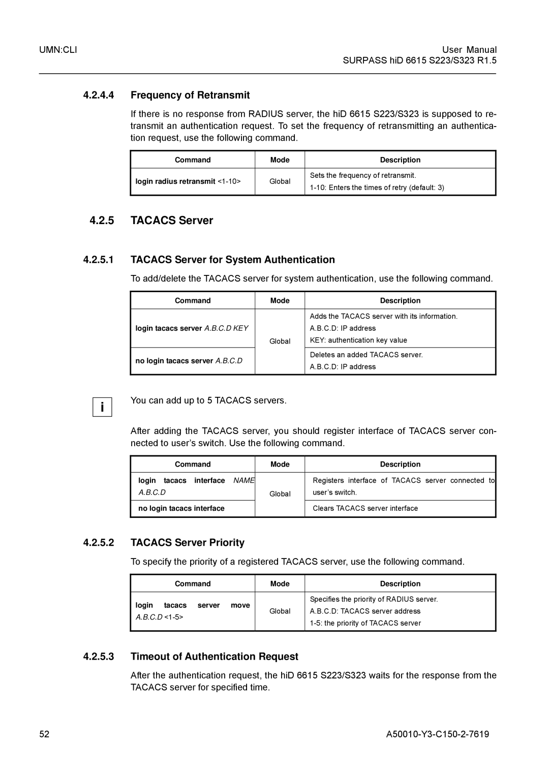 Siemens S323, S223 user manual Frequency of Retransmit, Tacacs Server for System Authentication, Tacacs Server Priority 