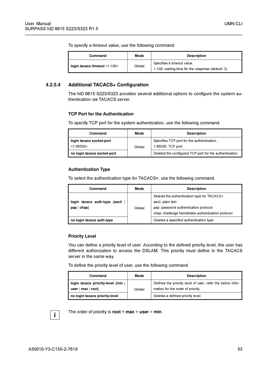 Siemens S223, S323 Additional TACACS+ Configuration, TCP Port for the Authentication, Authentication Type, Priority Level 