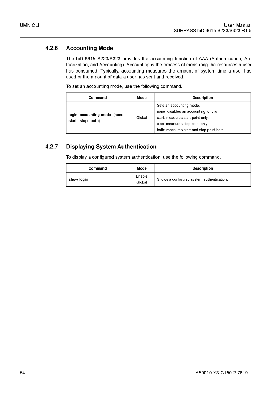 Siemens S323, S223 Accounting Mode, Displaying System Authentication, Login accounting-mode none, Start stop both 