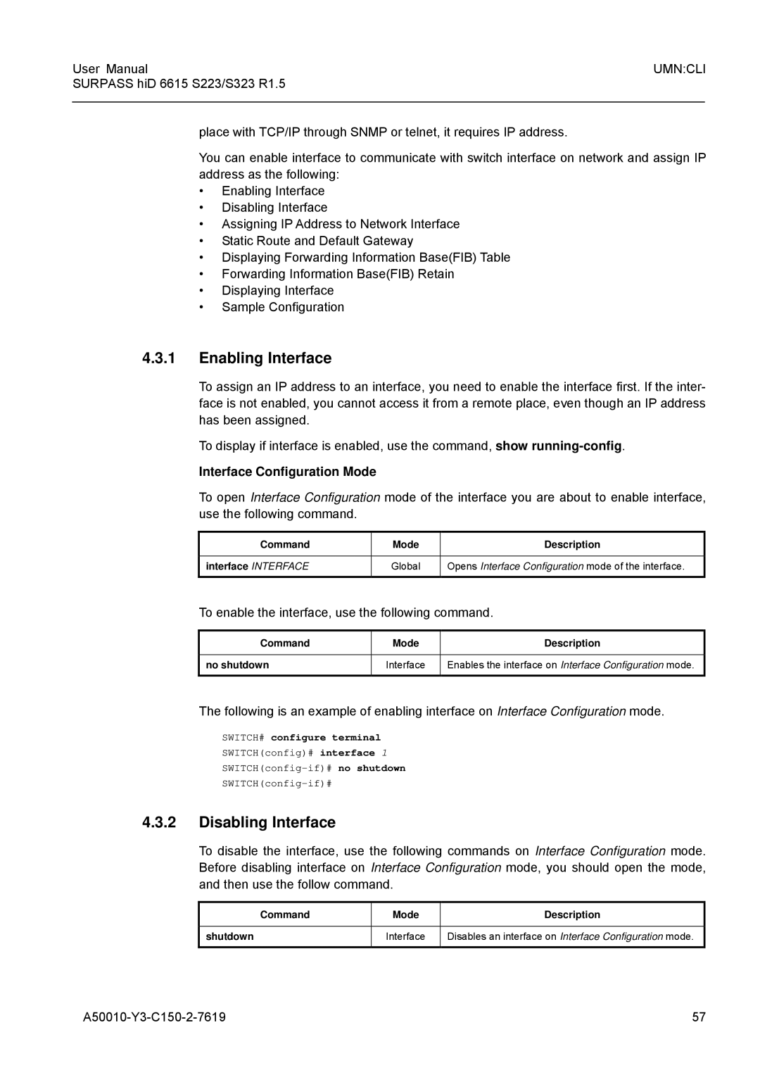 Siemens S223, S323 user manual Enabling Interface, Disabling Interface, Interface Configuration Mode 