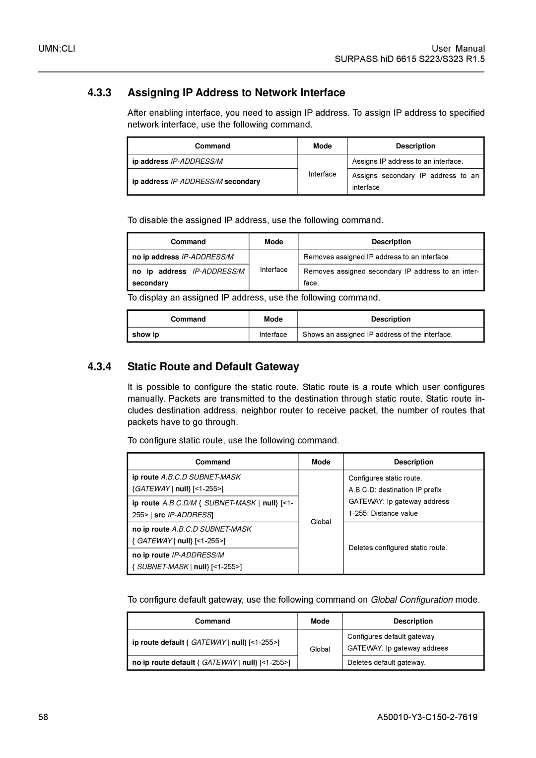 Siemens S323, S223 Assigning IP Address to Network Interface, Static Route and Default Gateway, Ip address IP-ADDRESS/M 