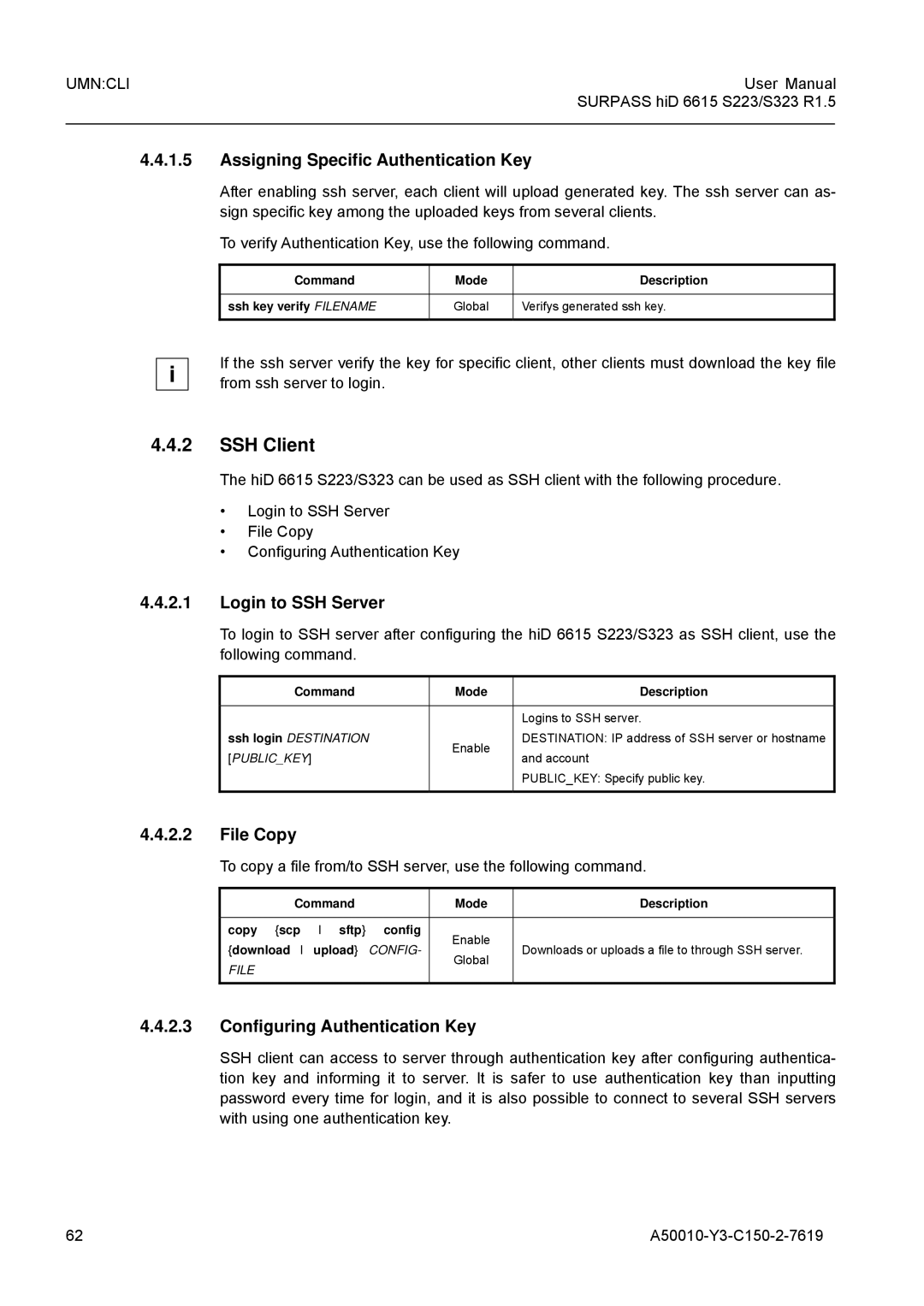 Siemens S323, S223 user manual SSH Client, Assigning Specific Authentication Key, Login to SSH Server, File Copy 