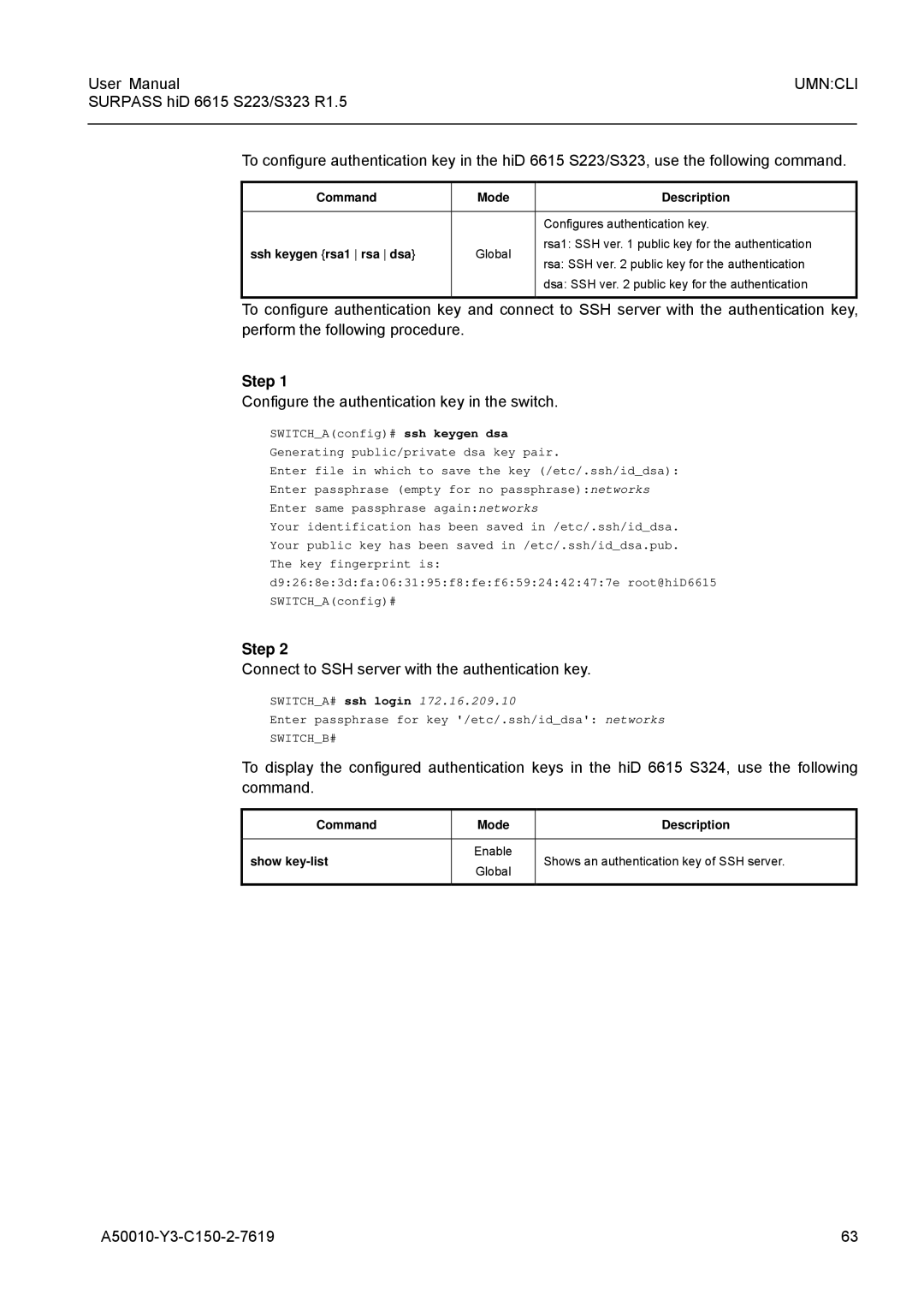 Siemens S223, S323 Configure the authentication key in the switch, Connect to SSH server with the authentication key 