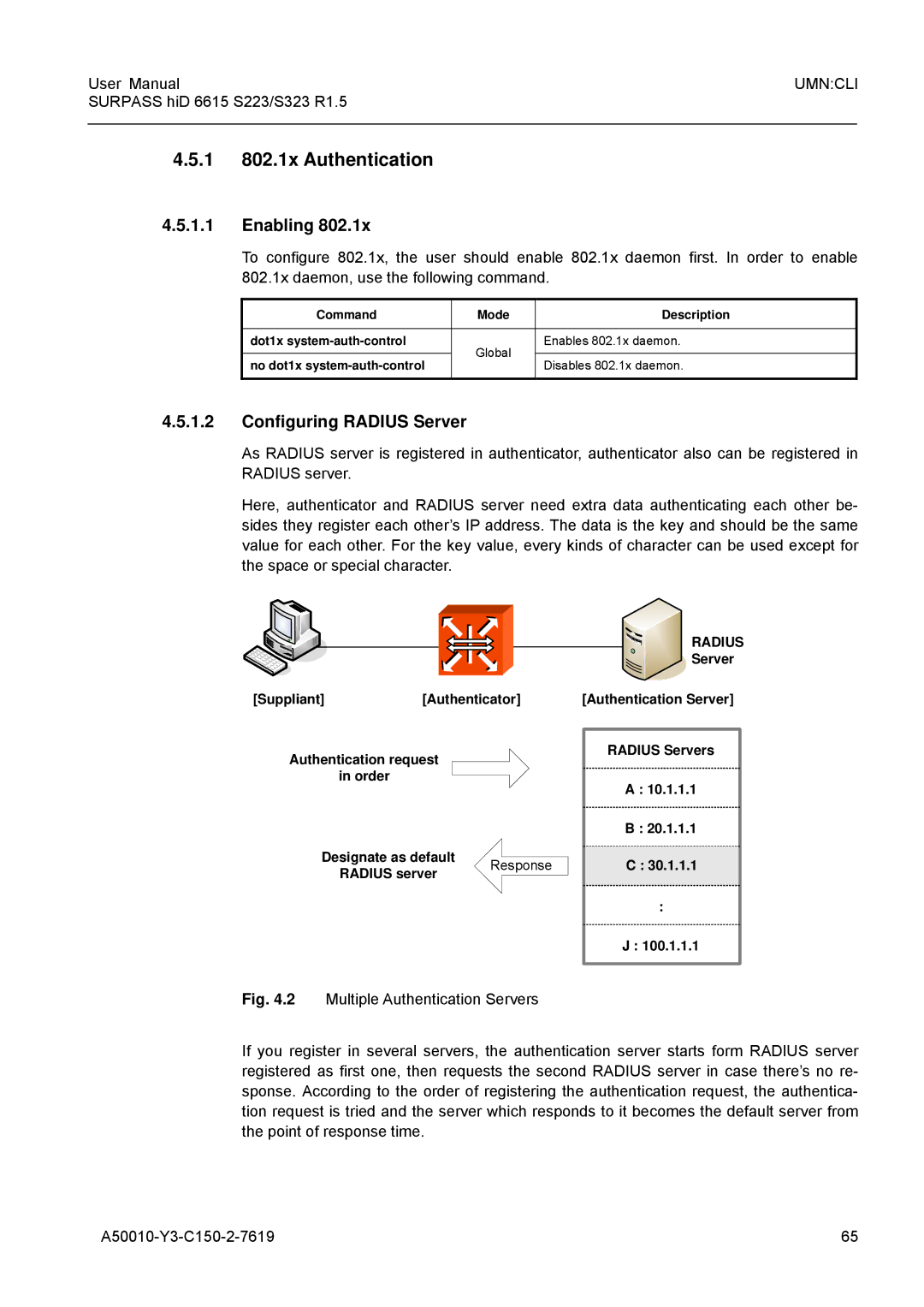 Siemens S223, S323 user manual 1 802.1x Authentication, Enabling, Configuring Radius Server, Authentication Server 