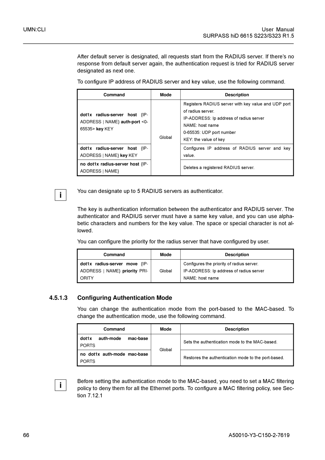 Siemens S323, S223 user manual Configuring Authentication Mode, Dot1x radius-server host 