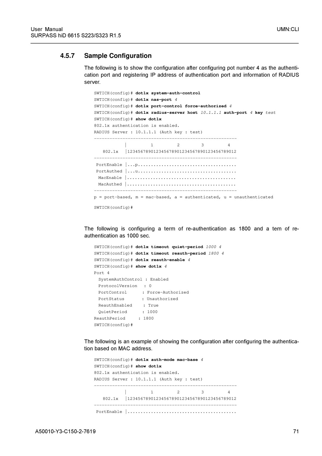 Siemens S223, S323 user manual SWTICHconfig# dot1x system-auth-control, SWTICHconfig# dot1x auth-mode mac-base 