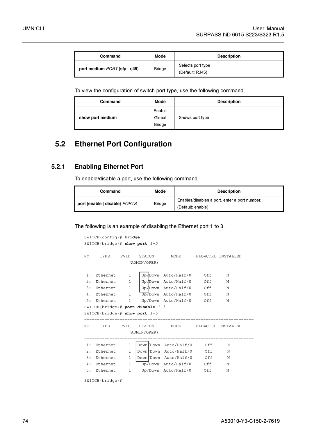 Siemens S323 Ethernet Port Configuration, Enabling Ethernet Port, To enable/disable a port, use the following command 