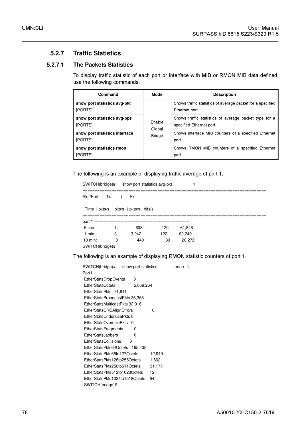 Siemens S323, S223 user manual Traffic Statistics, Packets Statistics, SWITCHbridge# show port statistics avg-pkt 