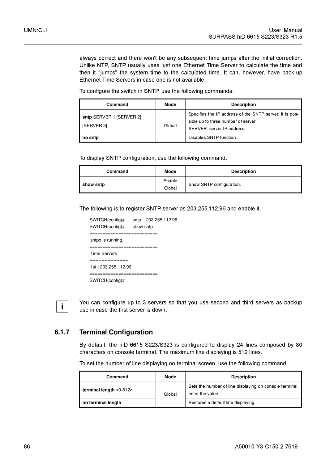 Siemens S323, S223 user manual Terminal Configuration, To display Sntp configuration, use the following command, No sntp 