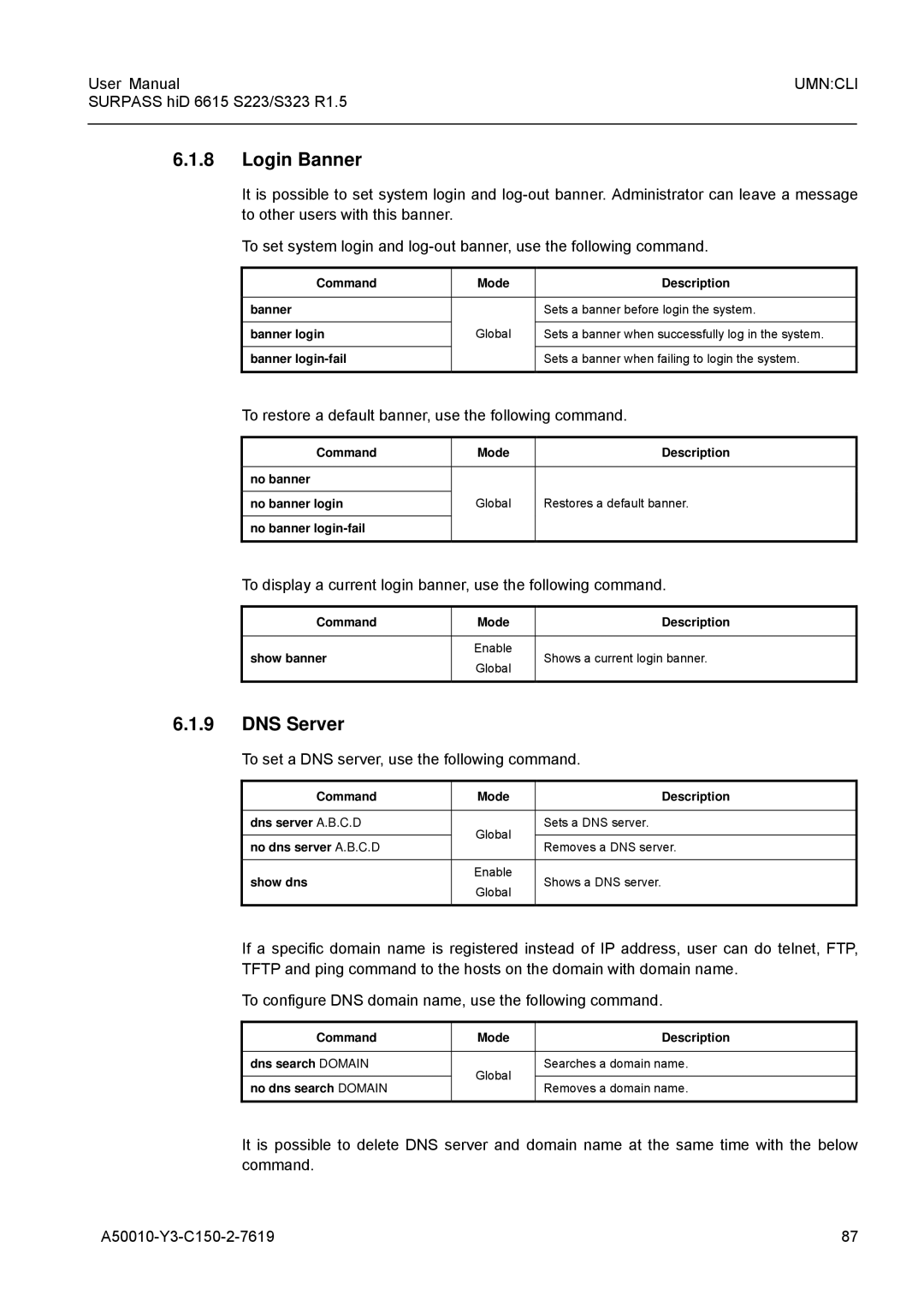 Siemens S223, S323 user manual Login Banner, DNS Server, To restore a default banner, use the following command 