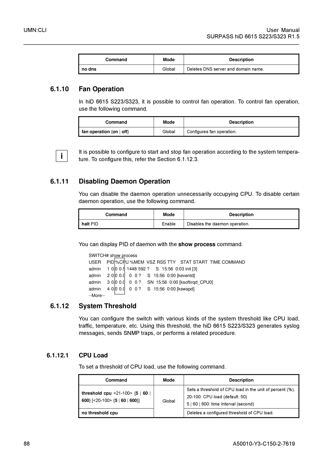 Siemens S323, S223 user manual Fan Operation, Disabling Daemon Operation, System Threshold, CPU Load 