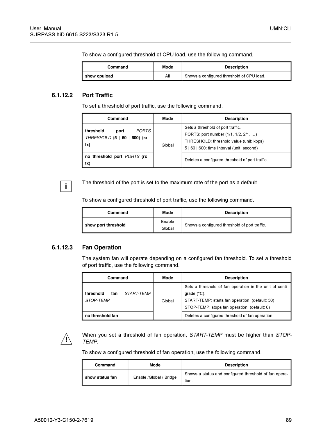 Siemens S223, S323 user manual Port Traffic, Fan Operation, Mode Description Threshold Port, No threshold Port Ports rx 