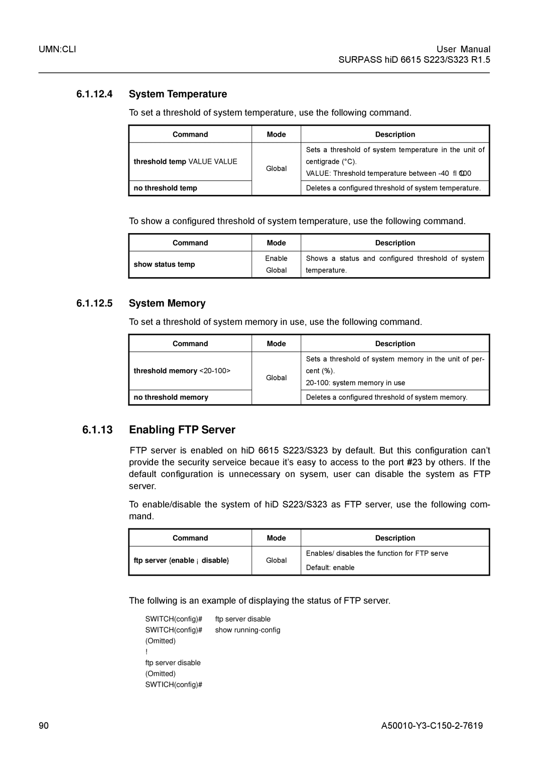 Siemens S323, S223 Enabling FTP Server, System Temperature, System Memory, Threshold temp Value Value, No threshold temp 