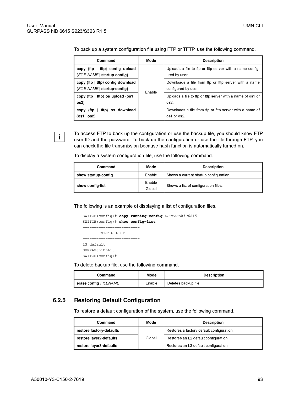 Siemens S223, S323 user manual Restoring Default Configuration, To delete backup file, use the following command 