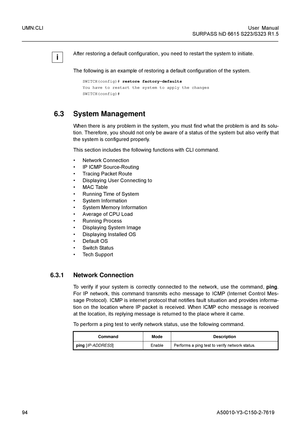 Siemens S323, S223 user manual System Management, Network Connection, SWITCHconfig# restore factory-defaults 