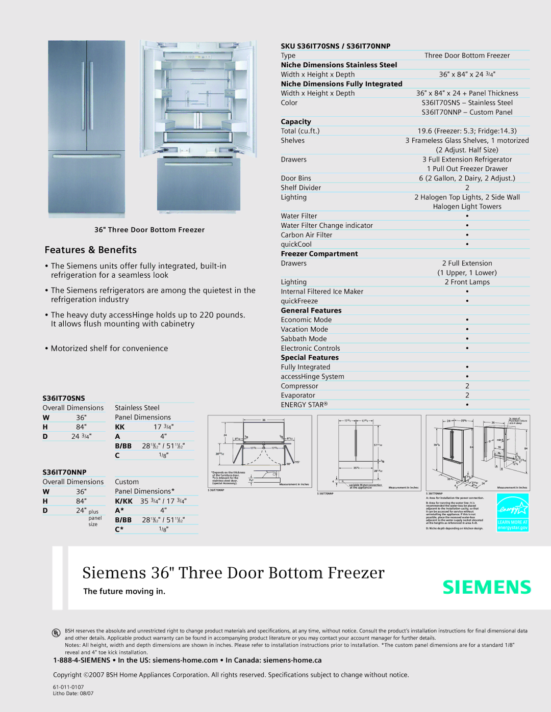 Siemens specifications SKU S36IT70SNS / S36IT70NNP 