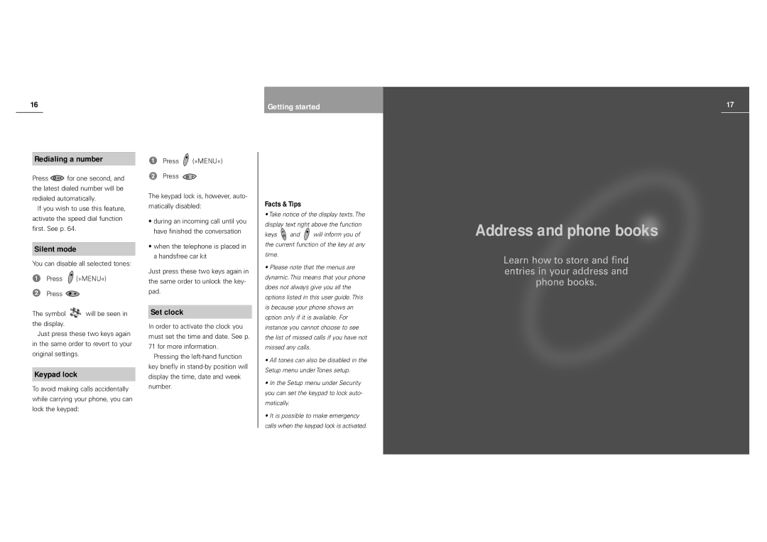 Siemens S40 manual Address and phone books, Redialing a number, Silent mode, Keypad lock, Set clock 