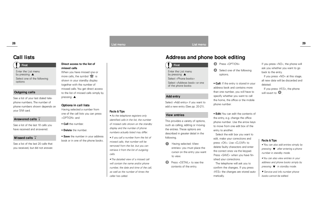 Siemens S40 manual Call lists Address and phone book editing, Options in call lists, Add entry, View entries 