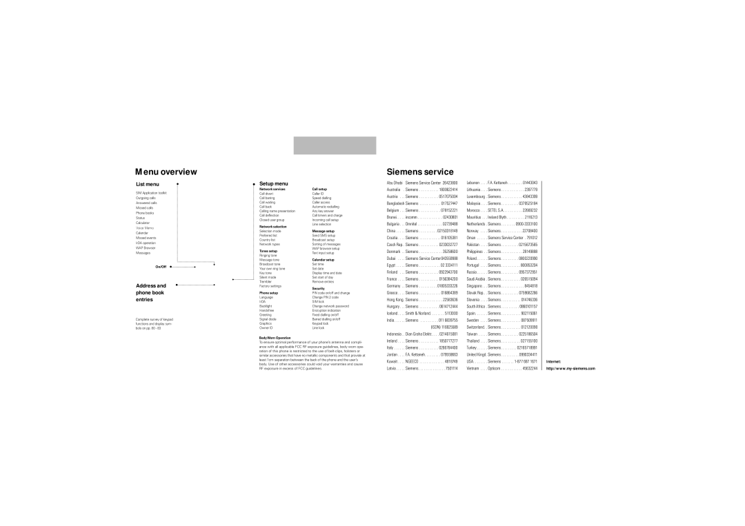 Siemens S40 manual Menu overview, Siemens service, List menu, Setup menu, Address and phone book entries 