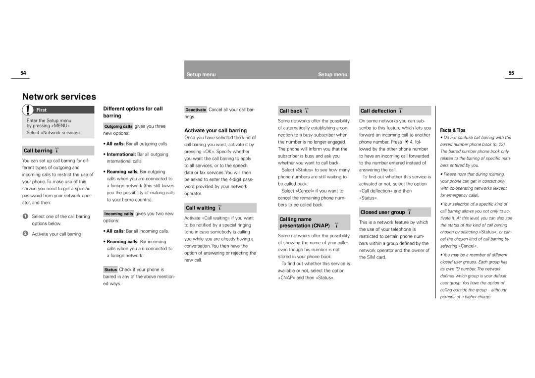 Siemens S40 manual Call barring, Different options for call barring, Activate your call barring, Call waiting, Call back 