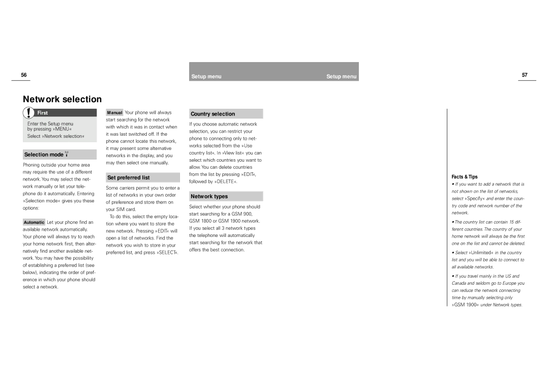 Siemens S40 manual Selection mode, Set preferred list, Country selection, Network types 