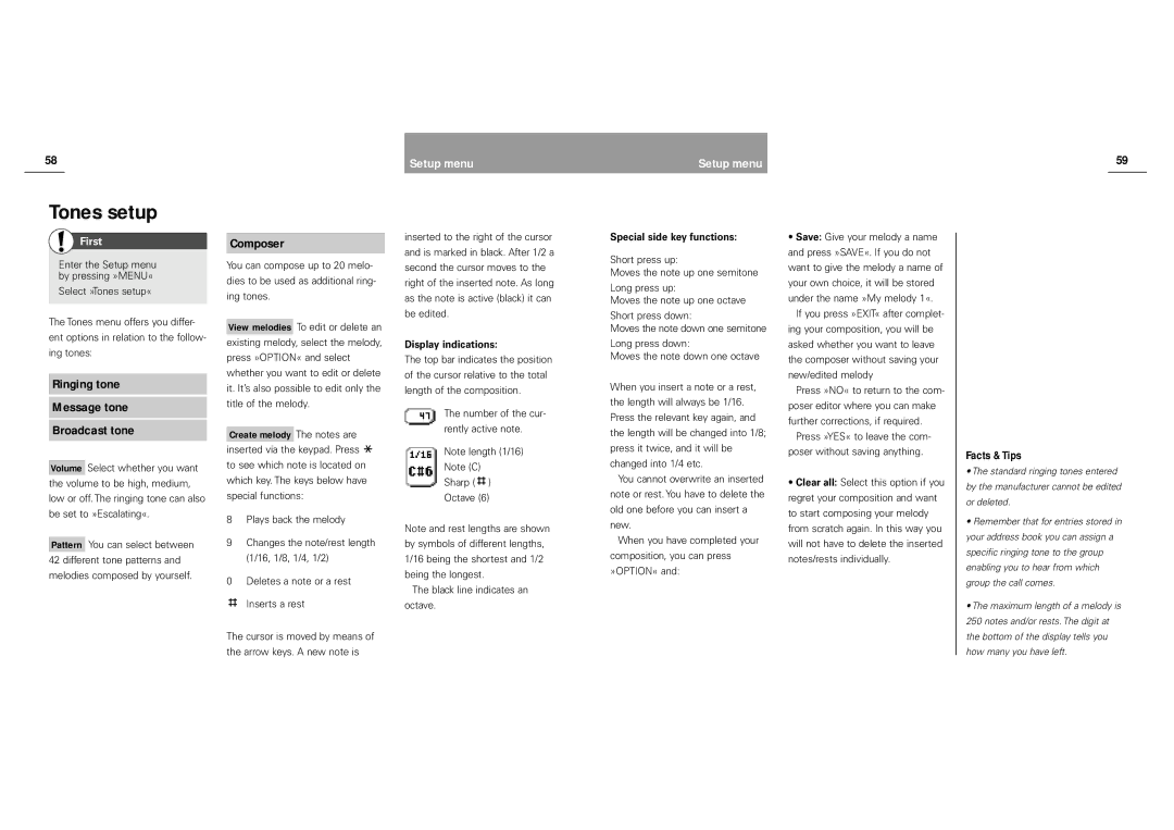 Siemens S40 manual Tones setup, Ringing tone Message tone Broadcast tone, Composer, Display indications 