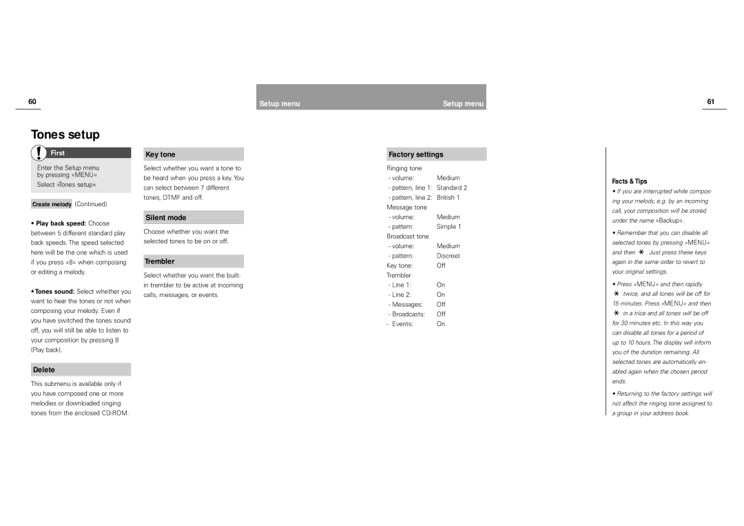 Siemens S40 manual Delete, Key tone, Trembler, Factory settings, Create melody 