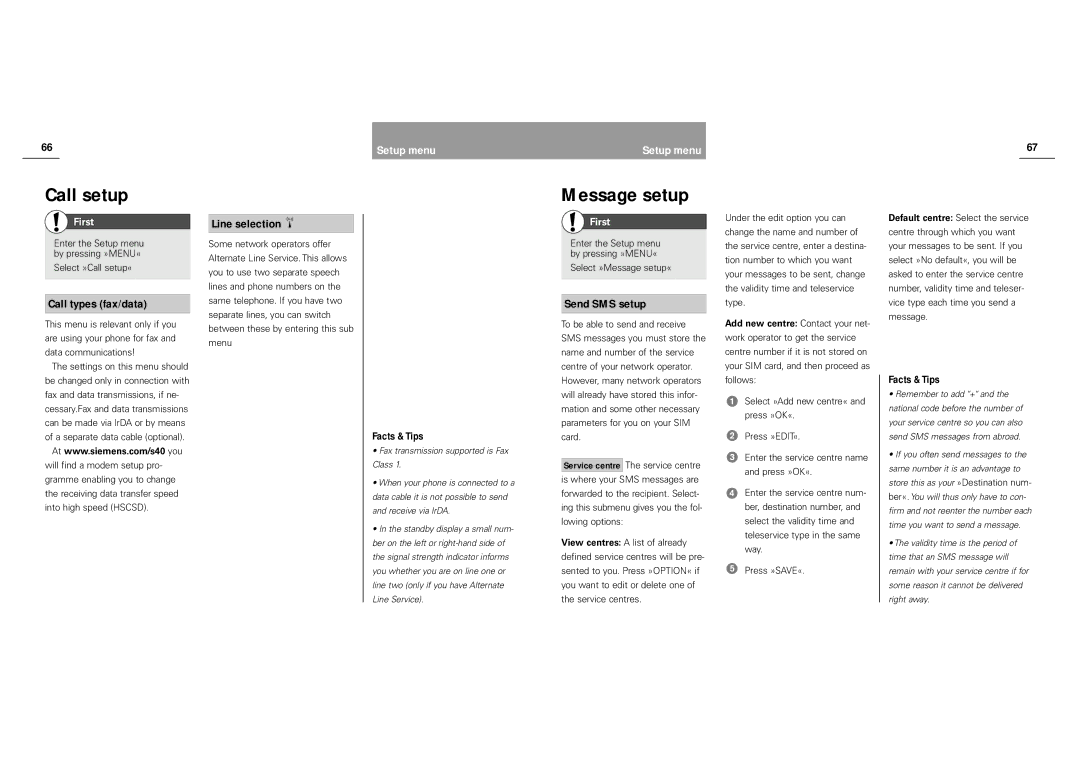 Siemens S40 manual Message setup, Call types fax/data, Line selection, Send SMS setup 