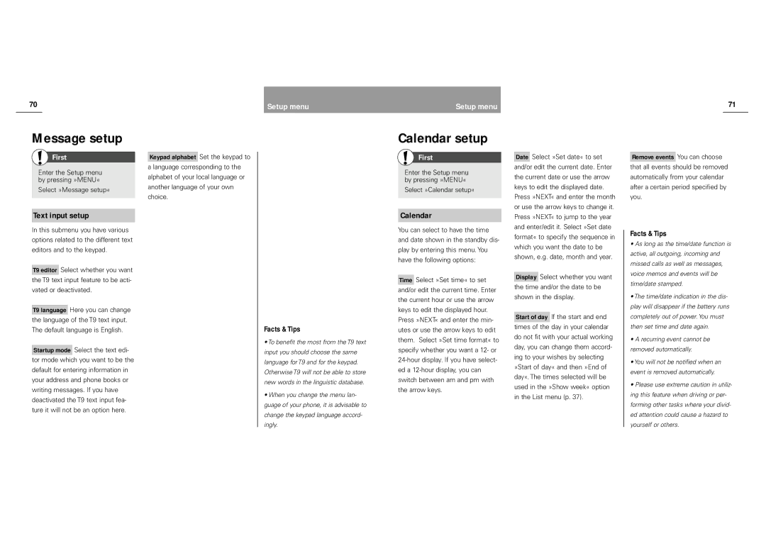 Siemens S40 manual Calendar setup, Text input setup 