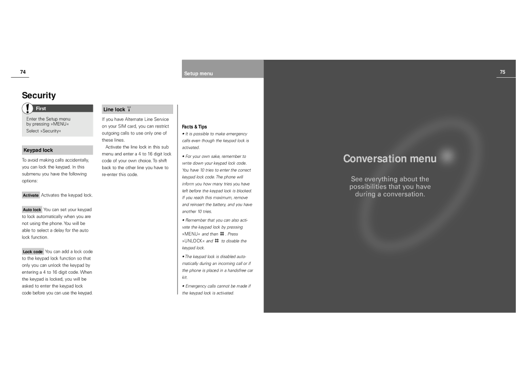 Siemens S40 manual Conversation menu, Line lock 