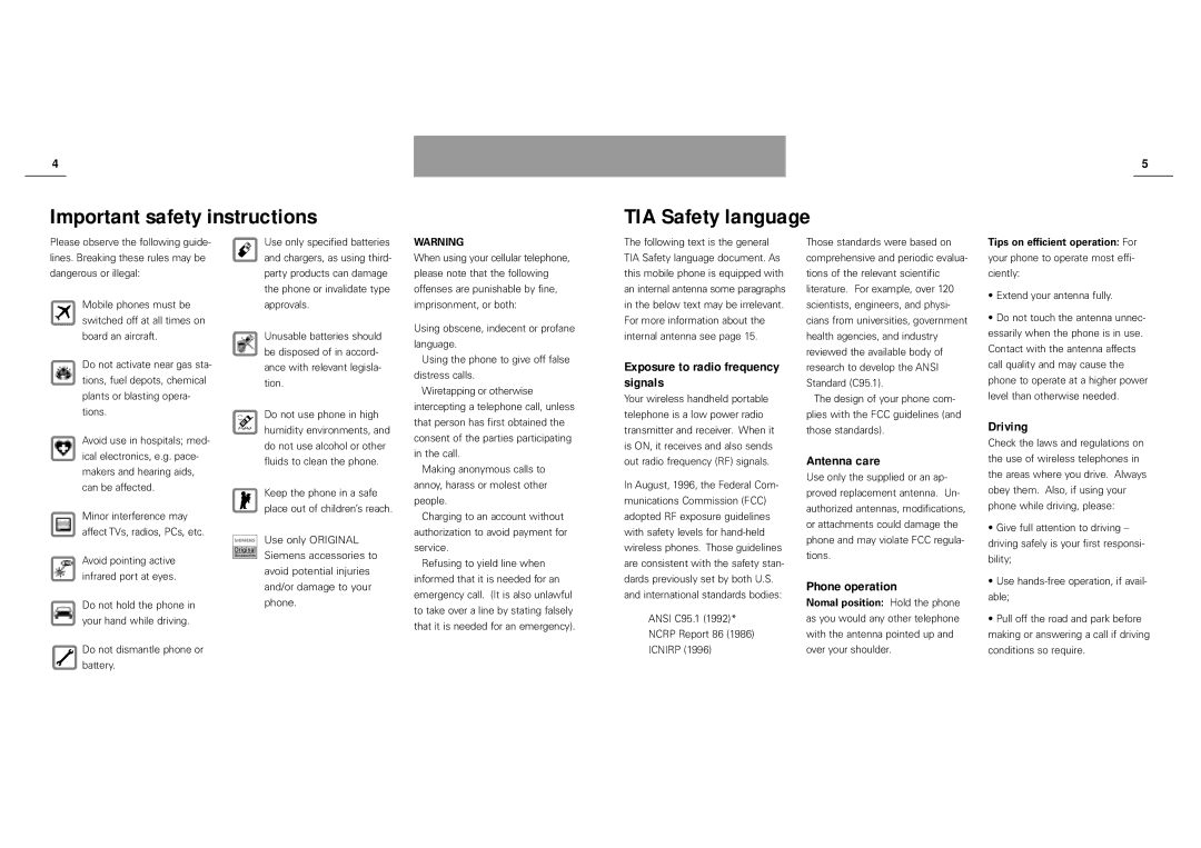 Siemens S40 Important safety instructions TIA Safety language, Exposure to radio frequency signals, Antenna care, Driving 