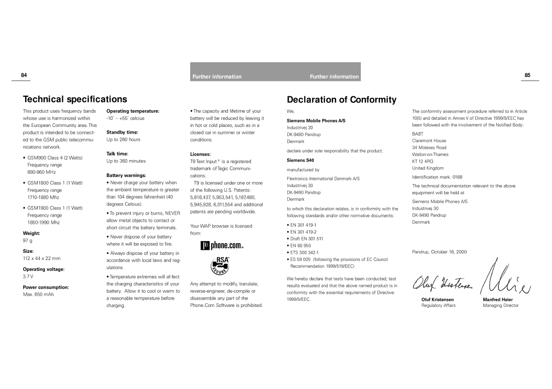 Siemens S40 manual Technical specifications, Declaration of Conformity 