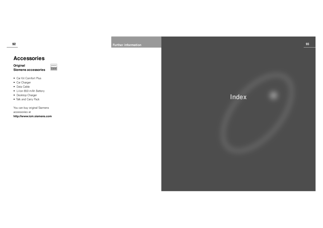Siemens S40 manual Index, Accessories, Original Siemens accessories 