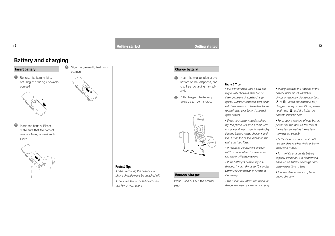 Siemens S40 manual Insert battery, Charge battery, Remove charger 