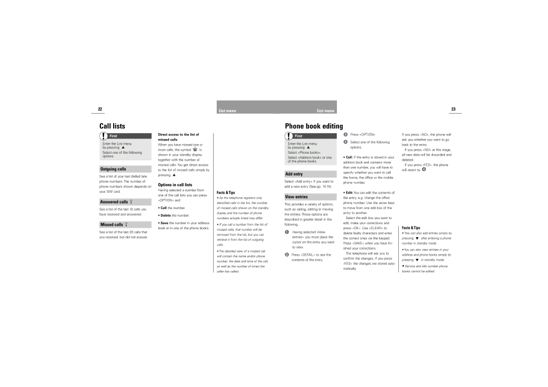 Siemens S42 manual Call lists, Phone book editing, Options in call lists, Add entry, View entries 